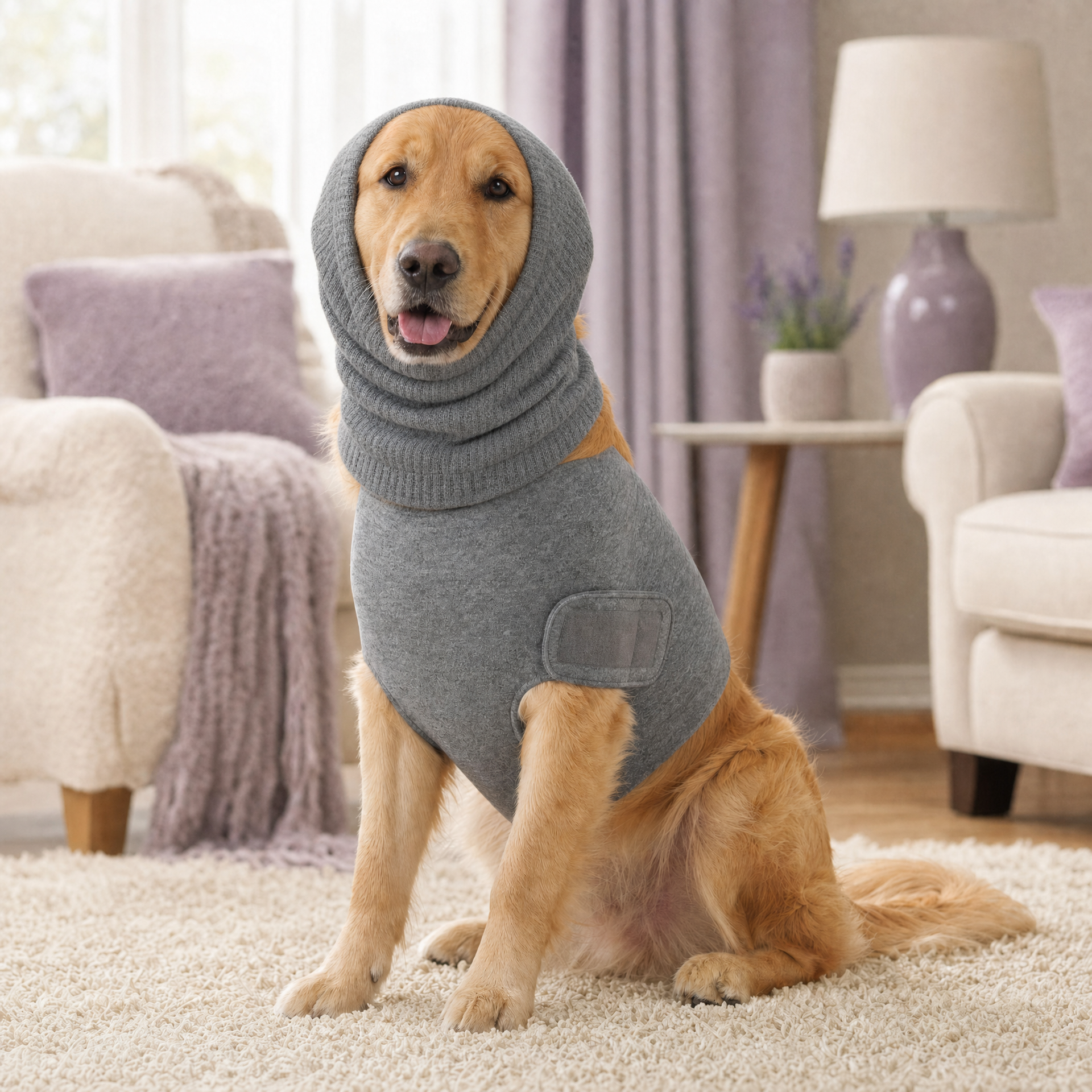 Golden retriever wearing both the PupHush ear snood and calming pressure wrap - the Storm Kit bundle